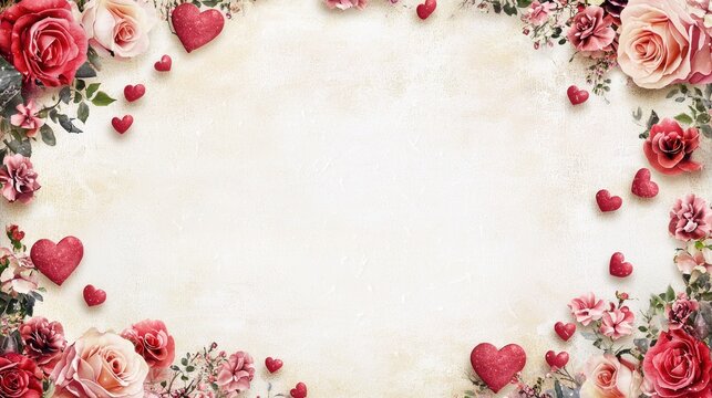 A decorative Valentine's Day border featuring hearts and roses, perfect for framing cards or invitations