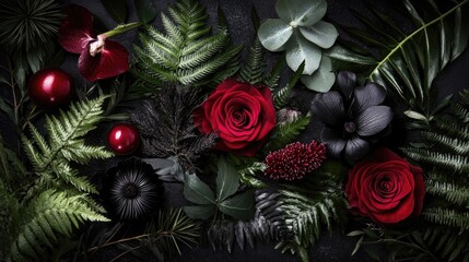 Elegant Floral Arrangement with Red Roses and Dark Green Leaves