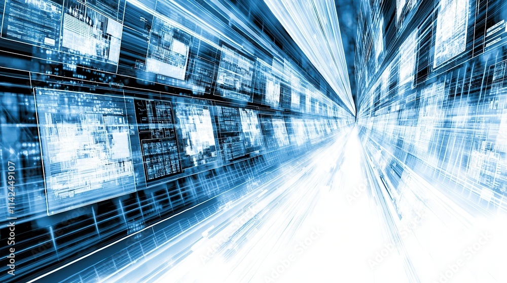 Poster blurred motion of high tech digital data and computer technology in futuristic environment