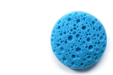 Top View of Blue Round Sponge on Right Side with White Background and Copy Space