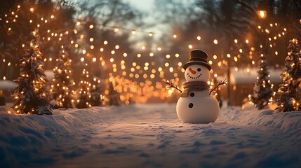 Obraz premium Festive snowman in a snow-covered park at night, surrounded by warm string lights and decorated trees.