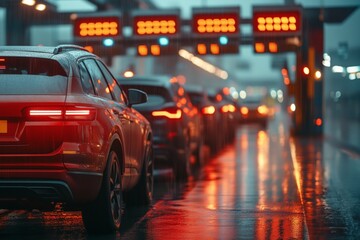 Cars queue at a tollbooth on a rainy night, with reflections of red lights glistening on the wet road.