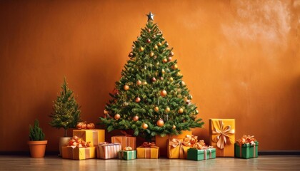 tree decorated for christmas, gifts in bright packages under the tree, against the background of a textured blue wall