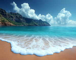 Tropical beach waves lapping sandy shore, mountains background, idyllic vacation scene.