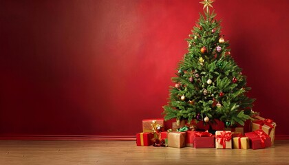 tree decorated for christmas, gifts in bright packages under the tree, against the background of a textured blue wall