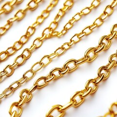 Obraz premium Shiny golden chains arranged in a stylish pattern on a white background suitable for jewelry design and fashion accessories