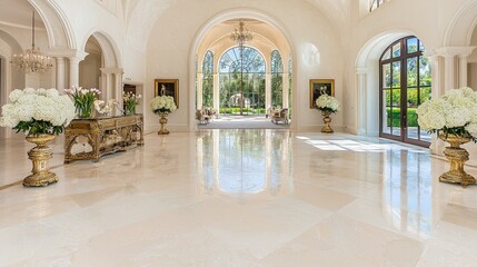 Elegant and Luxurious Interior of a Magnificent Mansion with Arched Windows and Ornate Chandelier