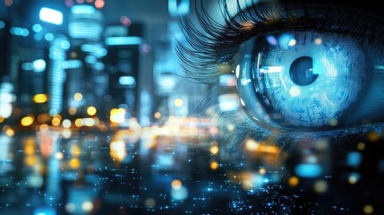 Fototapeta premium Close-up of Human Eye with Digital Cityscape and Glowing Lights