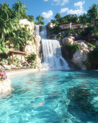 Naklejka premium Tropical Waterfall Resort Pool, Lush Landscape, Relaxation Vacation.