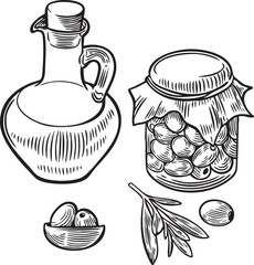 Fresh olives in basket and tinned olives and oil isolated on white background.