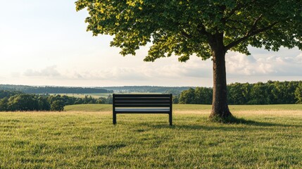 Fototapeta premium Serene Landscape with Tree and Bench for Reflection