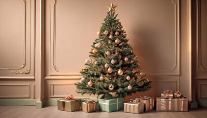 tree decorated for christmas, gifts in bright packages under the tree, against the background of a textured blue wall