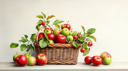 Fresh apples in rustic basket with green leaves