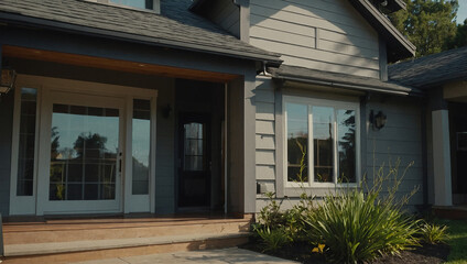 Fototapeta premium Exterior view of a gray-sided house with a large front door and windows. The house has a porch and landscaping. The siding is light gray, contrasting with the darker gray roof and trim.