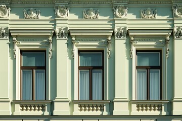  Olive wall and windows of classical building facade in Rome. Detailed photo textured background