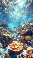 Vibrant coral reef underwater scene, sunlit ocean, tropical fish, tourism brochure.