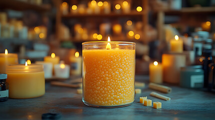 Macro view of freshly made candle cooling in a glass jar with tools like wick trimmers scent bottles and wax pitchers scattered around Shelves packed with candles in the background