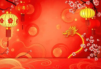 Chinese New Year Perfect Background - Chinese New Year Greeting Card - New Design - Lanterns - Elements of Chinese tradition - Colors of Chinese culture - Flowers - Perfect Any Project