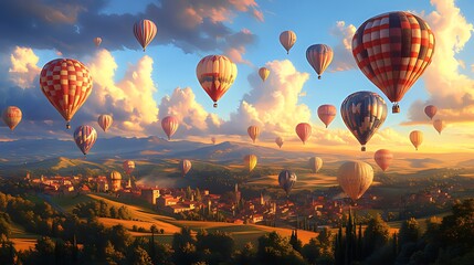 Obraz premium Colorful hot air balloons fly over a picturesque town and rolling hills at sunset.