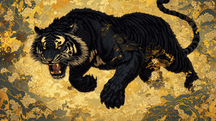 fierce black tiger depicted in intricate Japanese art style, showcasing powerful energy and elegance