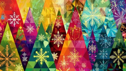 A festive geometric Christmas pattern featuring trees, snowflakes, and ornaments in vibrant holiday colors