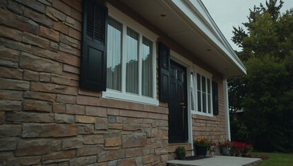 Residential Building Exterior with Stone Veneer and Black Shutters