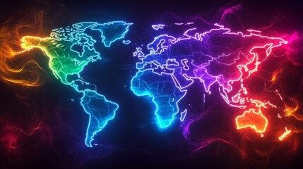 Vibrant neon world map. Global connection concept.