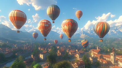 Obraz premium Colorful hot air balloons soar over a picturesque mountain village on a sunny day.