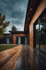 Fototapeta premium Modern home's exterior, showcasing dark wood siding, large windows, and a wooden deck. The sky is overcast. The perspective is from the deck, looking towards the house.