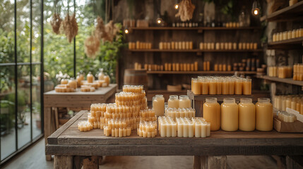 Modern candlemaking studio polished workbenches filled with wax pitchers molds and wicks Shelves display candles in various stages of making Scented oils neatly organized