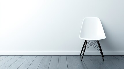 Minimalist White Chair on Gray Wooden Floor with Empty Wall Space