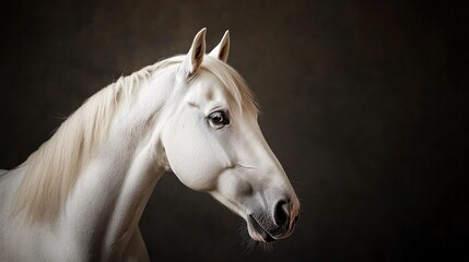 Obraz premium A serene portrait of a white horse, showcasing its elegant features and gentle expression against a dark background.