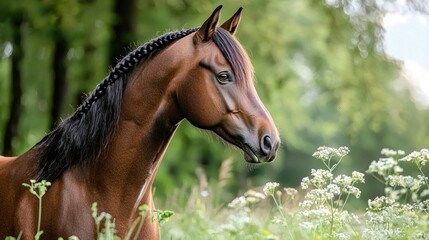 Fototapeta premium A beautiful brown horse stands gracefully in a lush, green environment, showcasing its elegant features and braided mane.