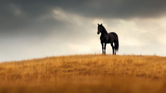 A solitary black horse stands on a grassy hill under a dramatic sky, embodying tranquility and strength in nature.