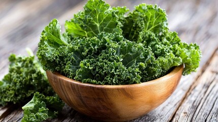 Fototapeta premium Fresh kale in a wooden bowl, showcasing its vibrant green color and curly texture, perfect for healthy meals and salads.