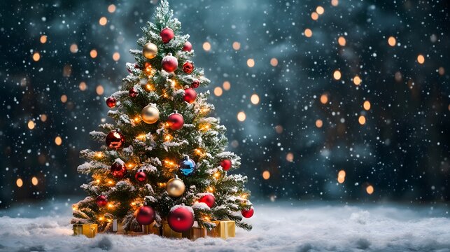A front view of a playful Christmas tree surrounded by snow, decorated with oversized baubles and vibrant lights