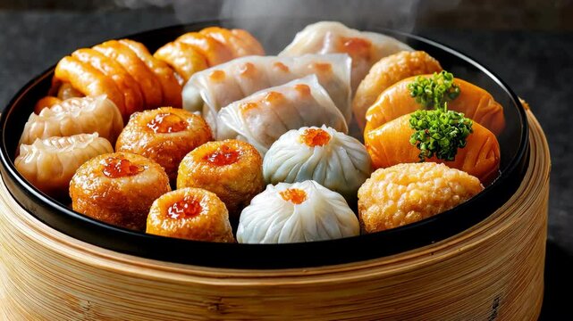 A steaming bamboo basket filled with an assortment of bite sized, savory dim sum delicacies, such as dumplings, buns, and rolls, showcasing the diverse flavors and textures of Cantonese cuisine.