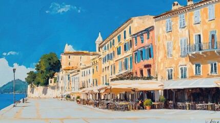 Fototapeta premium View of buildings and restaurants on the Liston Esplanade, Corfu Old Town