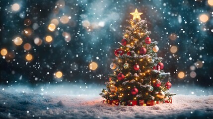 A front view of a Christmas tree surrounded by sparkling snow, with its decorations shining brightly in vivid colors