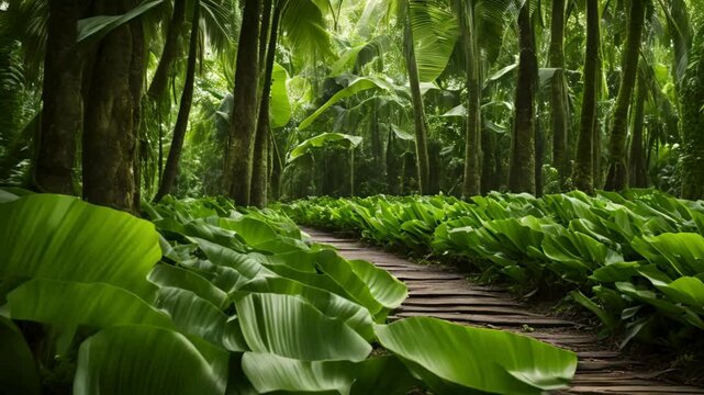 A Garden Full of Banana & Palm Trees with Wooden Paths