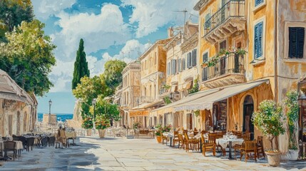 Fototapeta premium View of buildings and restaurants on the Liston Esplanade, Corfu Old Town