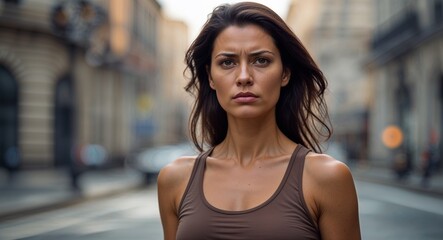 Fototapeta premium Caucasian woman serious wearing brown tank top looking on camera