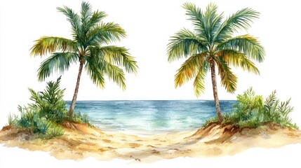 Tropical beach scene with palm trees and ocean.