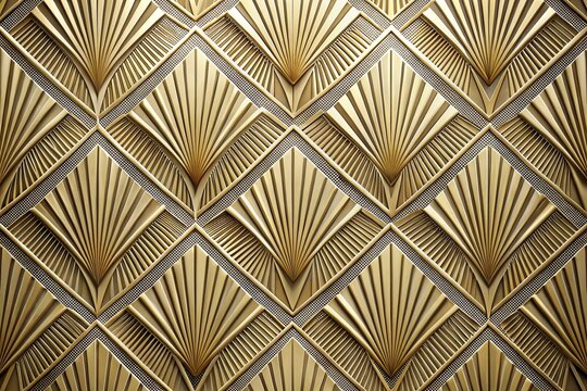 Fototapeta Elegant embossed art deco wallpaper showcasing symmetrical fan patterns, golden accents, and intricate geometric details.