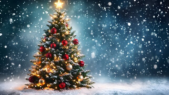 A front view of a traditional Christmas tree surrounded by sparkling snow, adorned with classic ornaments and a bright star on top