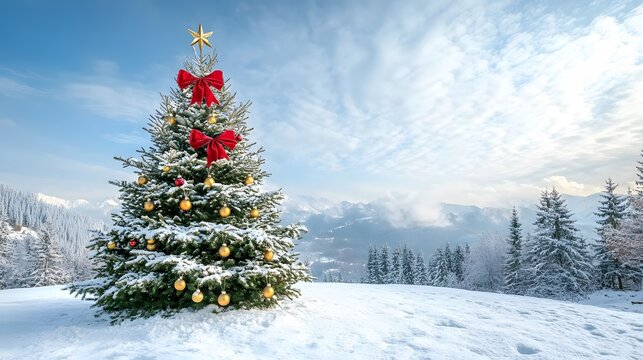 A front view of a classic Christmas tree with red bows and golden bells, standing proudly on a snow-covered hilltop
