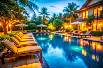 Bokeh Poolside Lounge: Relaxing Aerial View, Luxury Resort, Swimming Pool,  Outdoor Furniture, Summer Vacation