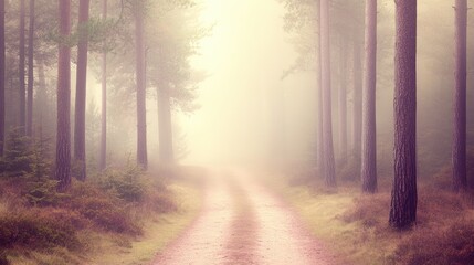 Naklejka premium Misty Forest Path in Serene Natural Environment with Soft Light