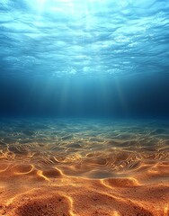 Beautiful underwater sea sandy scene view and ripples on water surface with  blue sky and clouds background , isolated on white background,  , copy space, copy space for text,