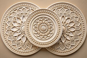 Luxurious embossed medallion wallpaper background showcasing symmetrical patterns with fine floral designs and detailed edges.